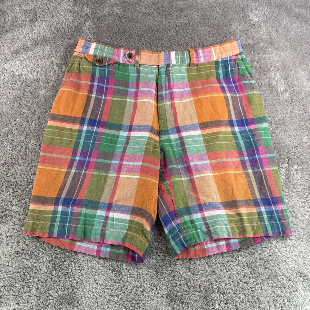 Polo Golf Ralph Lauren Mens 36 Multicolor Plaid 100% Linen Shorts 9” Inseam